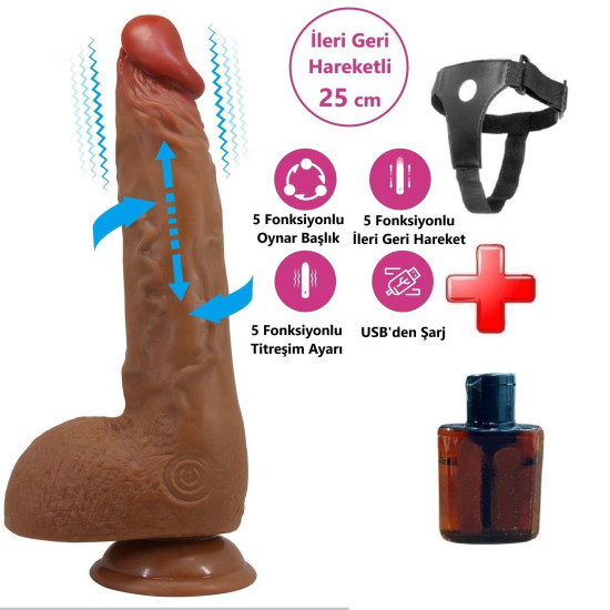 Belden Bağlamalı USB Şarjlı 25 cm Oynar Başlı İleri Geri Hareketli Titreşimli Dildo - Wilks