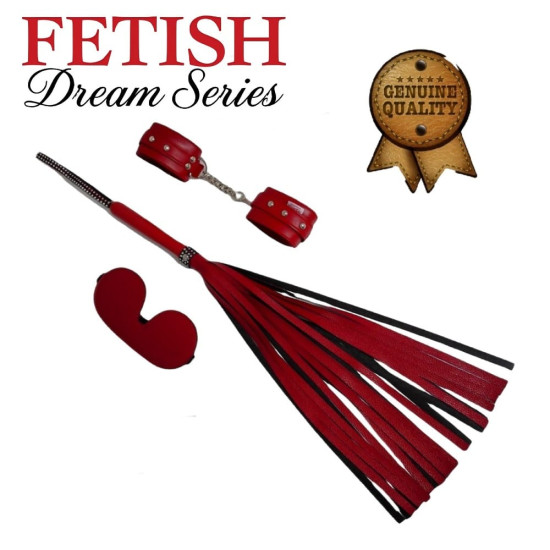Fetiş 3 Parça Deri Flogger, Kelepçe ve Göz Bandı Seti – Kırmızı